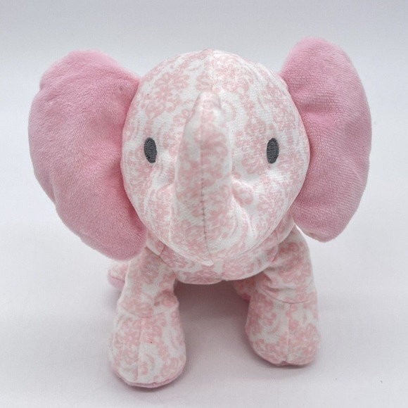 9" Little Me Pink Floral Damask Elephant Plush Lovey Rattle 2019 Gray White EUC - Picture 1 of 12